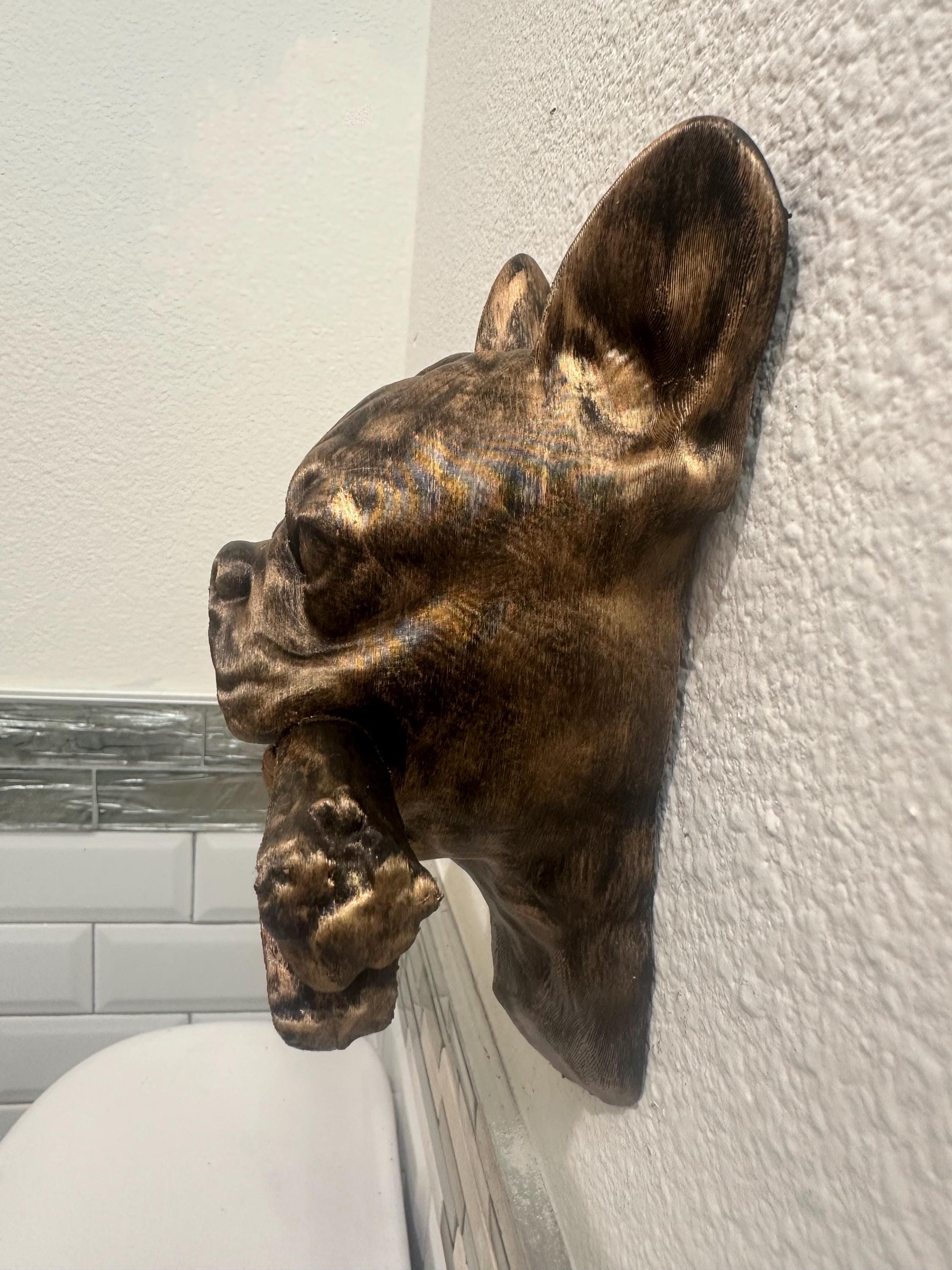 French Bulldog Wall Sculpture - Dog Wall Art - Playful Frenchie With Stick - Modern Bulldog Wall Decor - Hand Painted 9x9x4