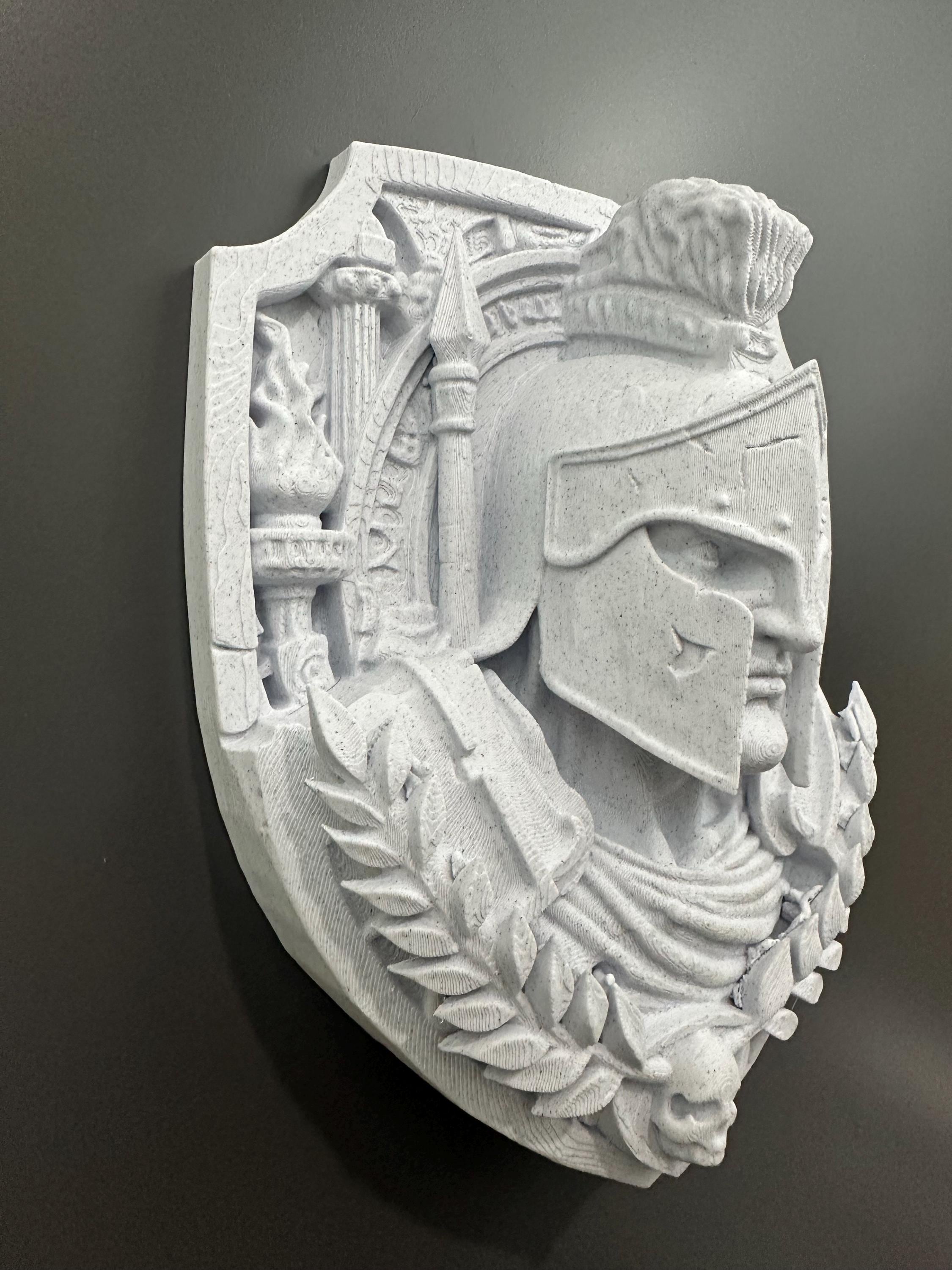 Spartan Warrior Wall Plaque Sculpture - Greek Gladiator Helmet Decor - Stone Style Wall Art - Man Cave Gym Decor - Ancient Warrior 8x7x3”