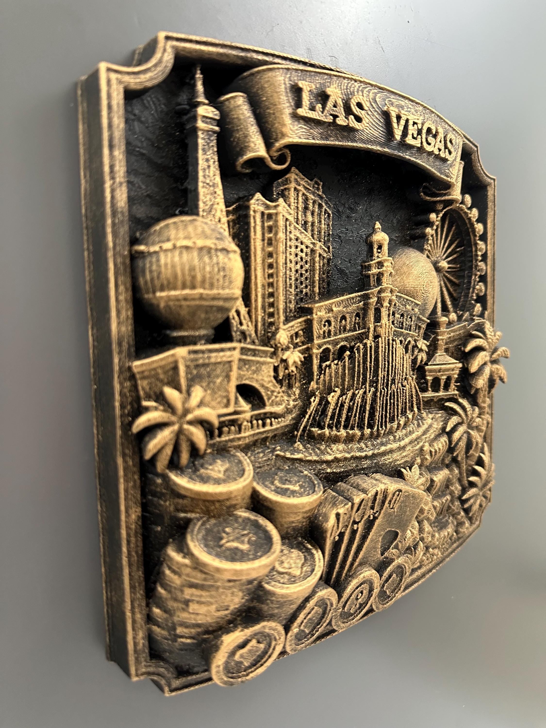 Las Vegas Wall Art Sculpture, Antique Gold Casino Decor, Poker Room Wall Plaque, Man Cave Bar Sign, Vegas Skyline Gift for Gamblers