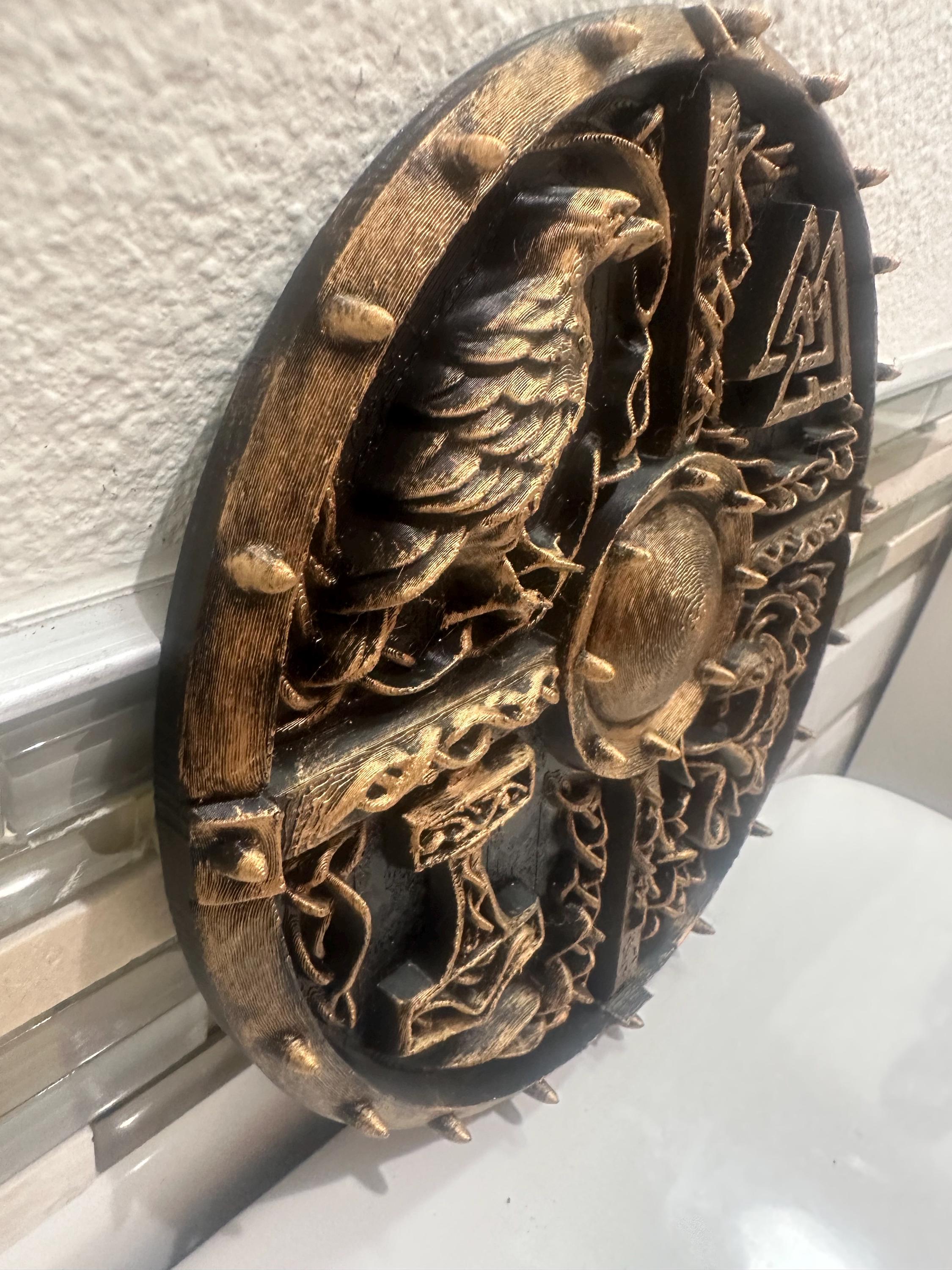 8” Viking Shield Wall Art Plaque — Norse Mythology Symbols, Antique Bronze 3D Printed Decor, Odin, Valknut, Thor Hammer