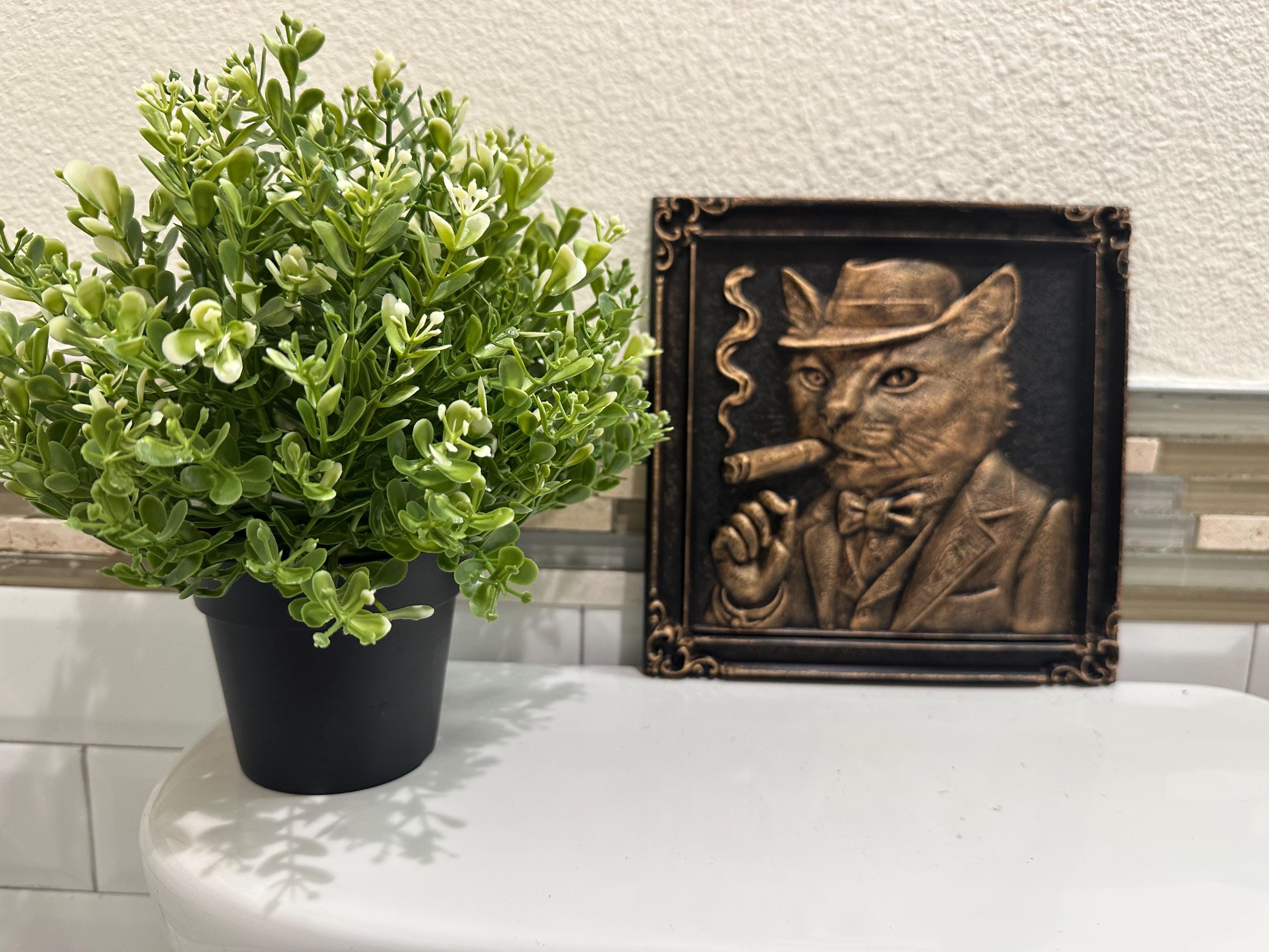 Hand Painted 3D Business Cat Smoking Cigar Wall Art Plaque 10” x 6” - Home Decor - Whimsical - Funny - Humorous - Vintage Style - Quirky