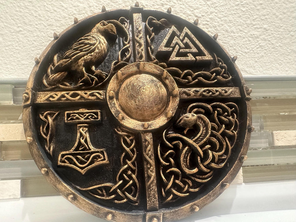 8” Viking Shield Wall Art Plaque — Norse Mythology Symbols, Antique Bronze 3D Printed Decor, Odin, Valknut, Thor Hammer