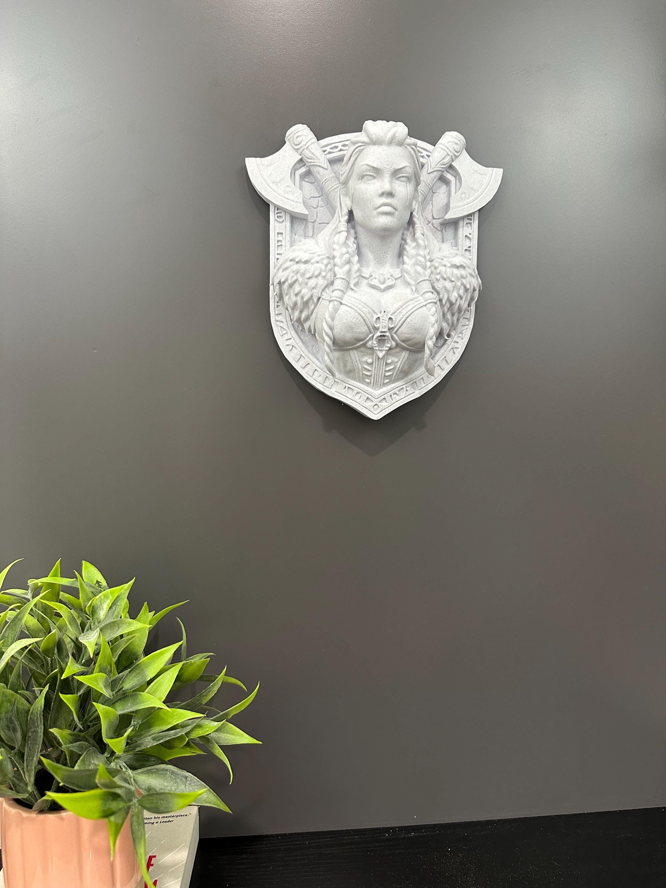 Valkyrie Wall Bust Sculpture on Shield Plaque Mount - Viking Shield Maiden Norse Wall Art - Mythology Man Cave Decor 9x6x3”