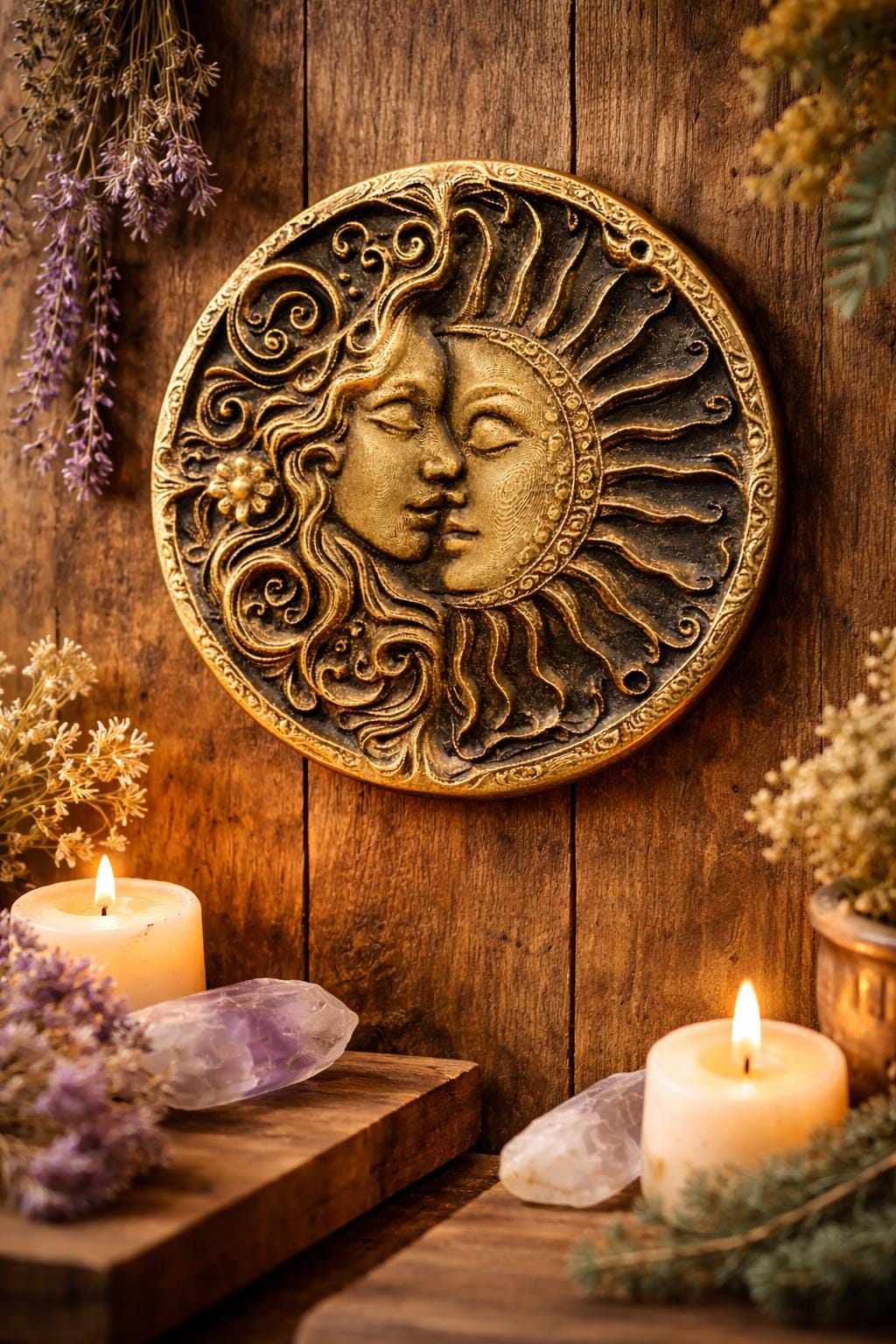 Sun and Moon 8” x 8” Zodiac Astrology Wall Plaque Art Sign 3d Relief Sculpture Home Decor Spiritual Celestial Boho Round