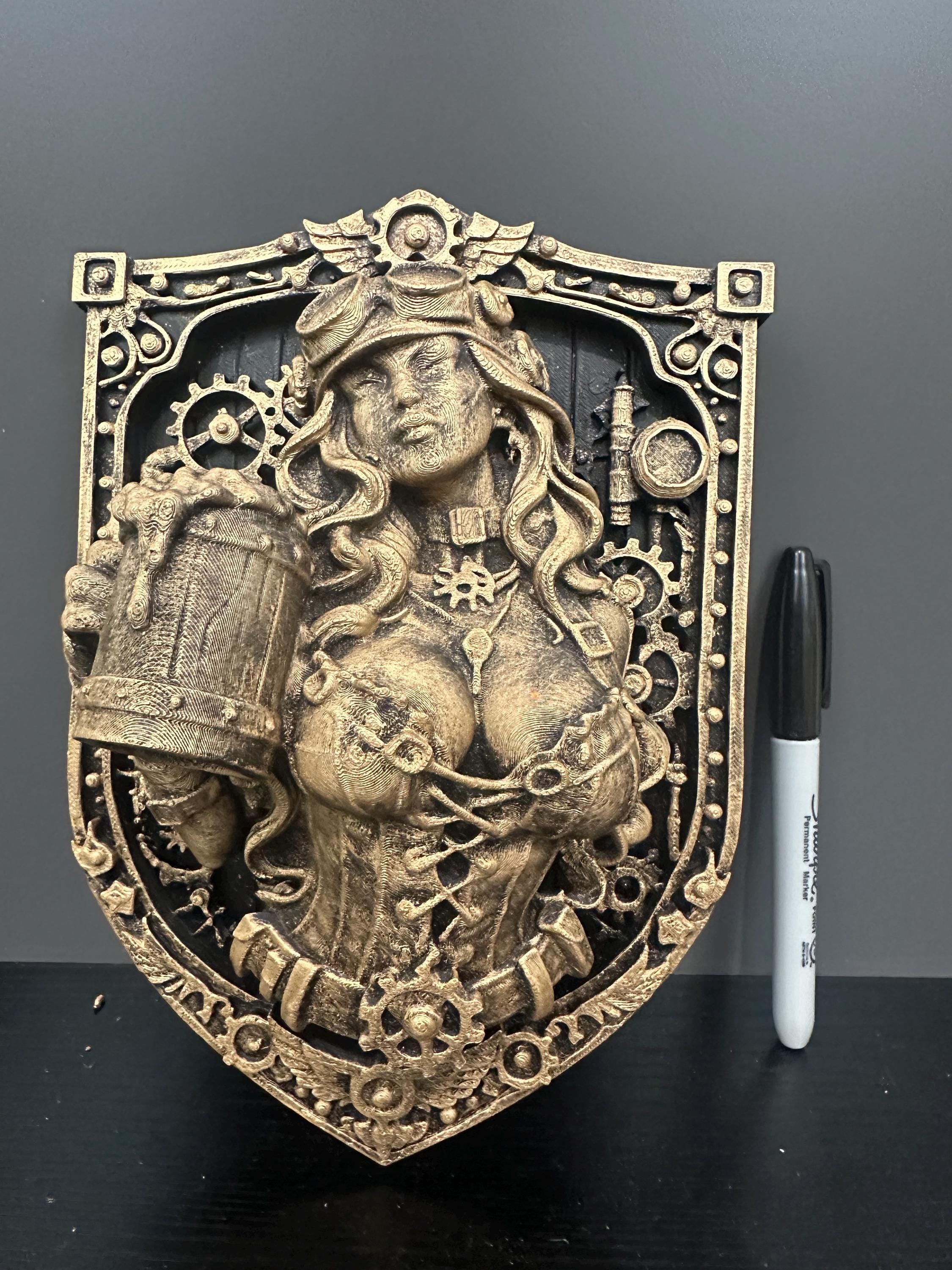 Steampunk Tavern Wench Wall Decor - Beer Maiden Bar Plaque - Man Cave Industrial Gear Art - Pub Wall Sculpture Gift 9x6.5x3.5”