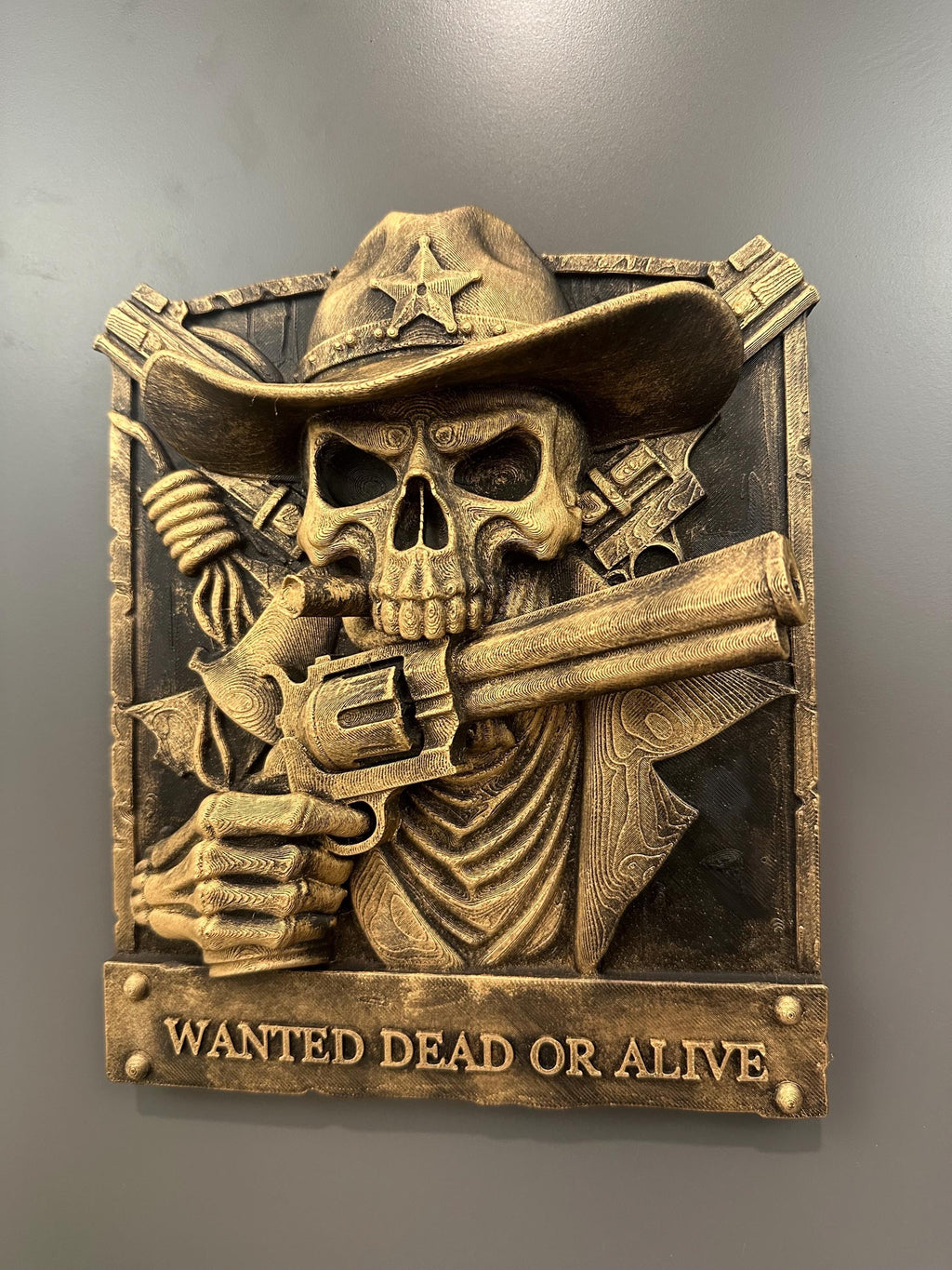 Cowboy Skull Wall Decor - Westerb Skeleton Plaque - Wanted Dead or Alive Sign - Gothic Ranch Decor - Man Cave Bar Art Hand Painted 9x7.5x2.5