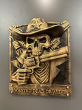 Cowboy Skull Wall Decor - Westerb Skeleton Plaque - Wanted Dead or Alive Sign - Gothic Ranch Decor - Man Cave Bar Art Hand Painted 9x7.5x2.5