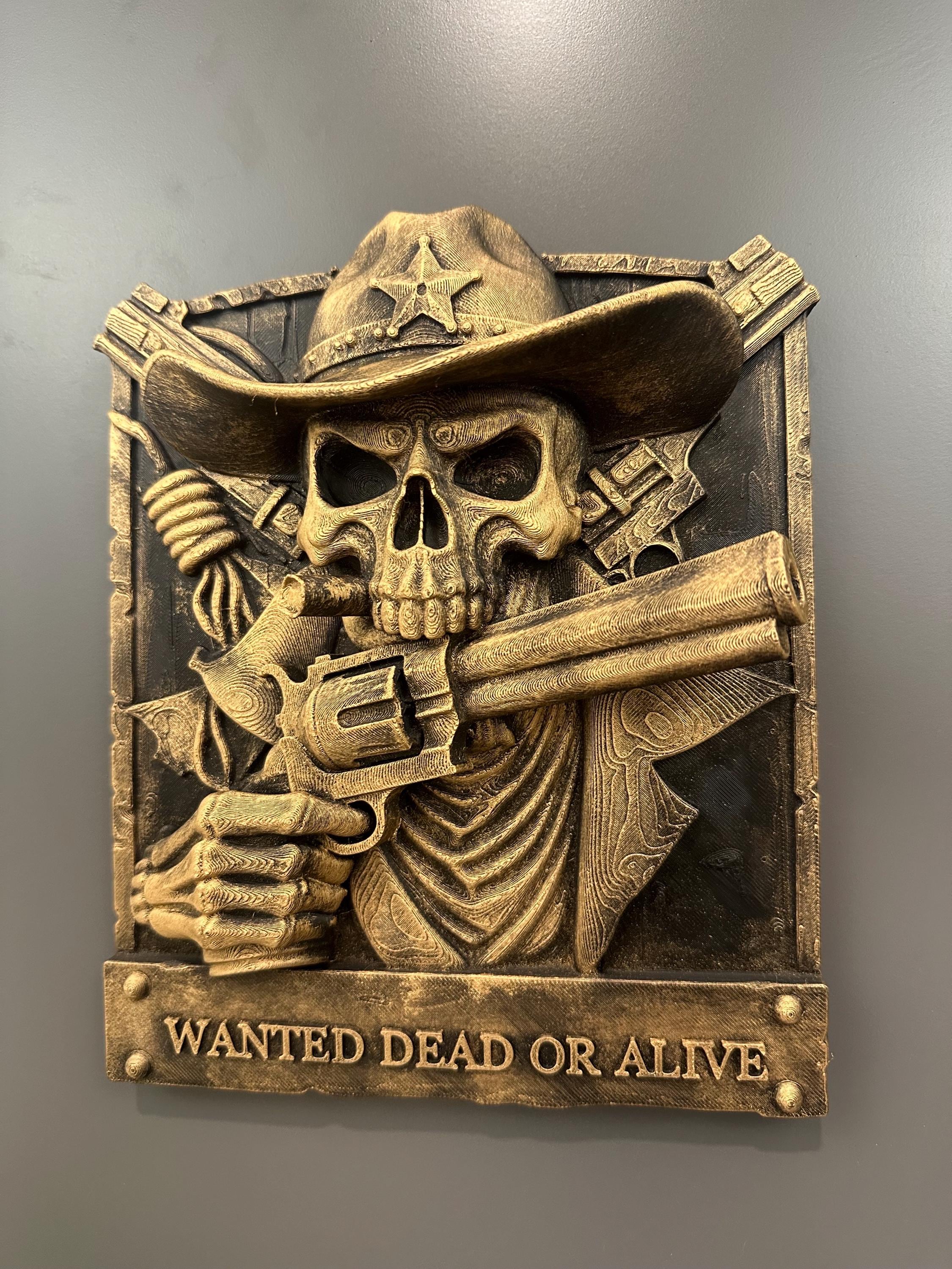 Cowboy Skull Wall Decor - Westerb Skeleton Plaque - Wanted Dead or Alive Sign - Gothic Ranch Decor - Man Cave Bar Art Hand Painted 9x7.5x2.5