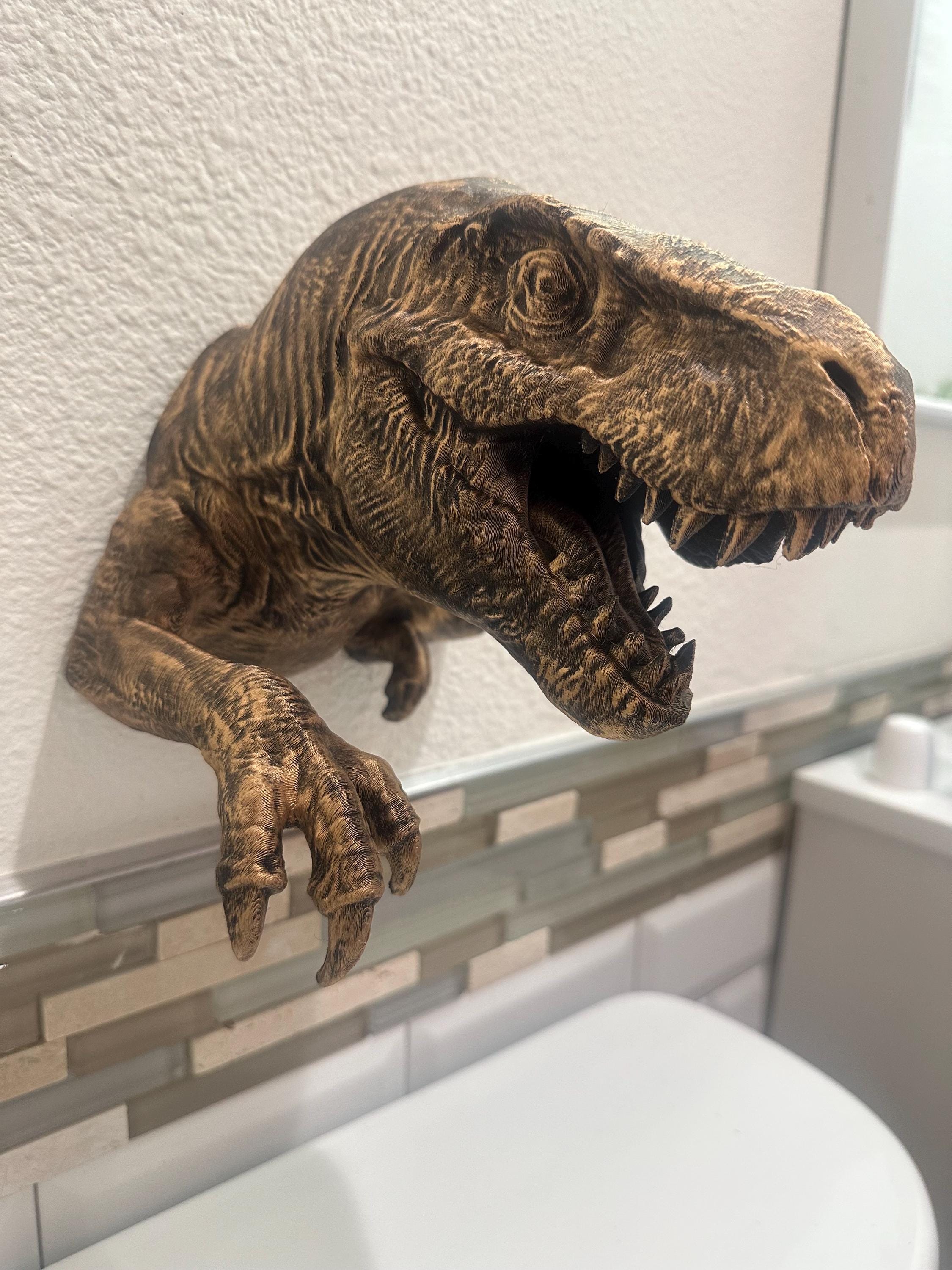 T-Rex Dinosaur Jurassic 8x6x6 3d Hanging Wall Mounted Sculpture Home Decor - Head and Claw - Hand Painted Antique Gold