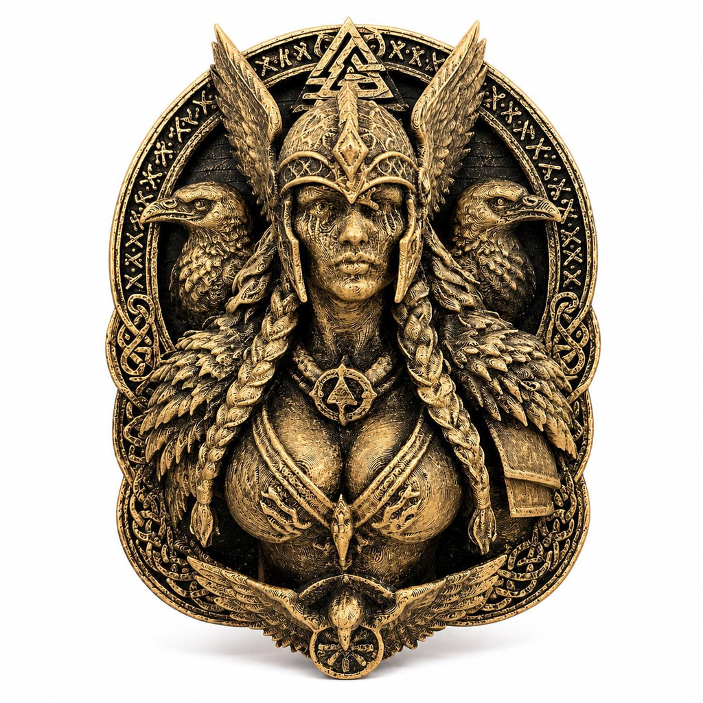 Valkyrie Wall Sculpture - Norse Goddess Freya Plaque - Viking Raven Wall Art - Antique Bronze Pagan Decor - Valknut Odin Mythology Gift