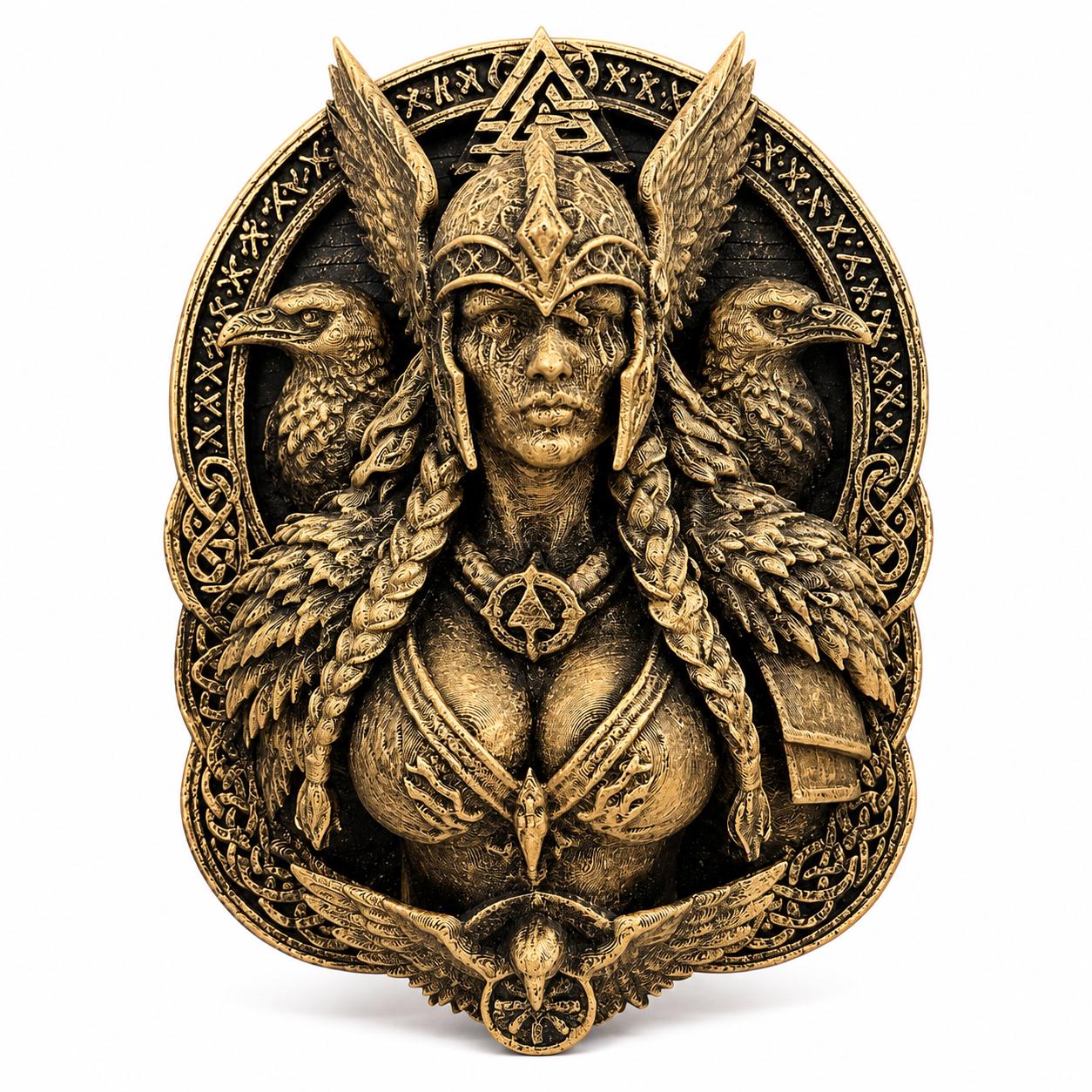 Valkyrie Wall Sculpture - Norse Goddess Freya Plaque - Viking Raven Wall Art - Antique Bronze Pagan Decor - Valknut Odin Mythology Gift