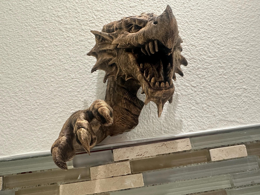 3D Dragon Fantasy 8x5x5 3d Hanging Wall Mounted Sculpture Home Decor - Head and Claw - Gothic Medieval Head and Claw - Hand Painted