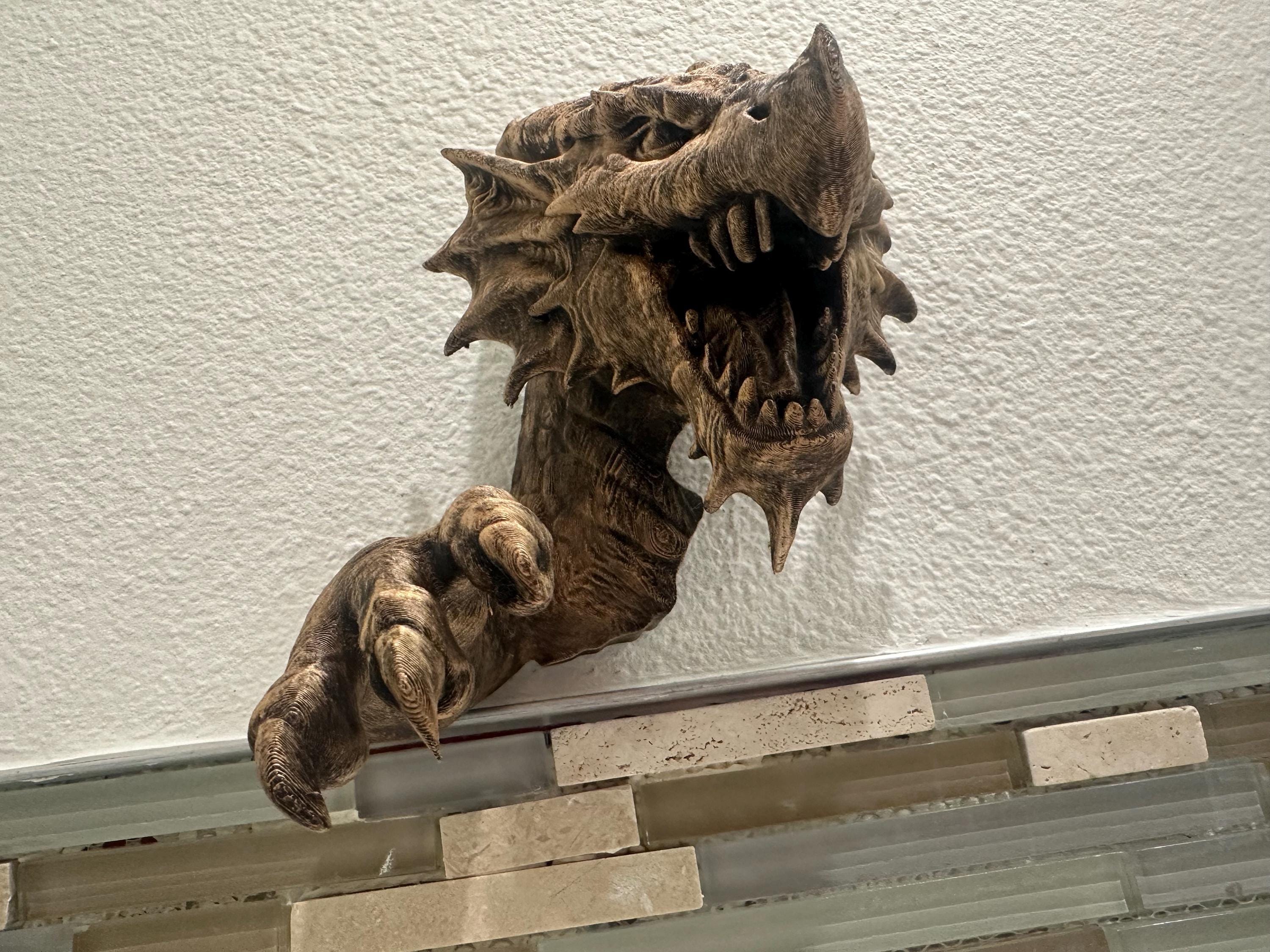 3D Dragon Fantasy 8x5x5 3d Hanging Wall Mounted Sculpture Home Decor - Head and Claw - Gothic Medieval Head and Claw - Hand Painted