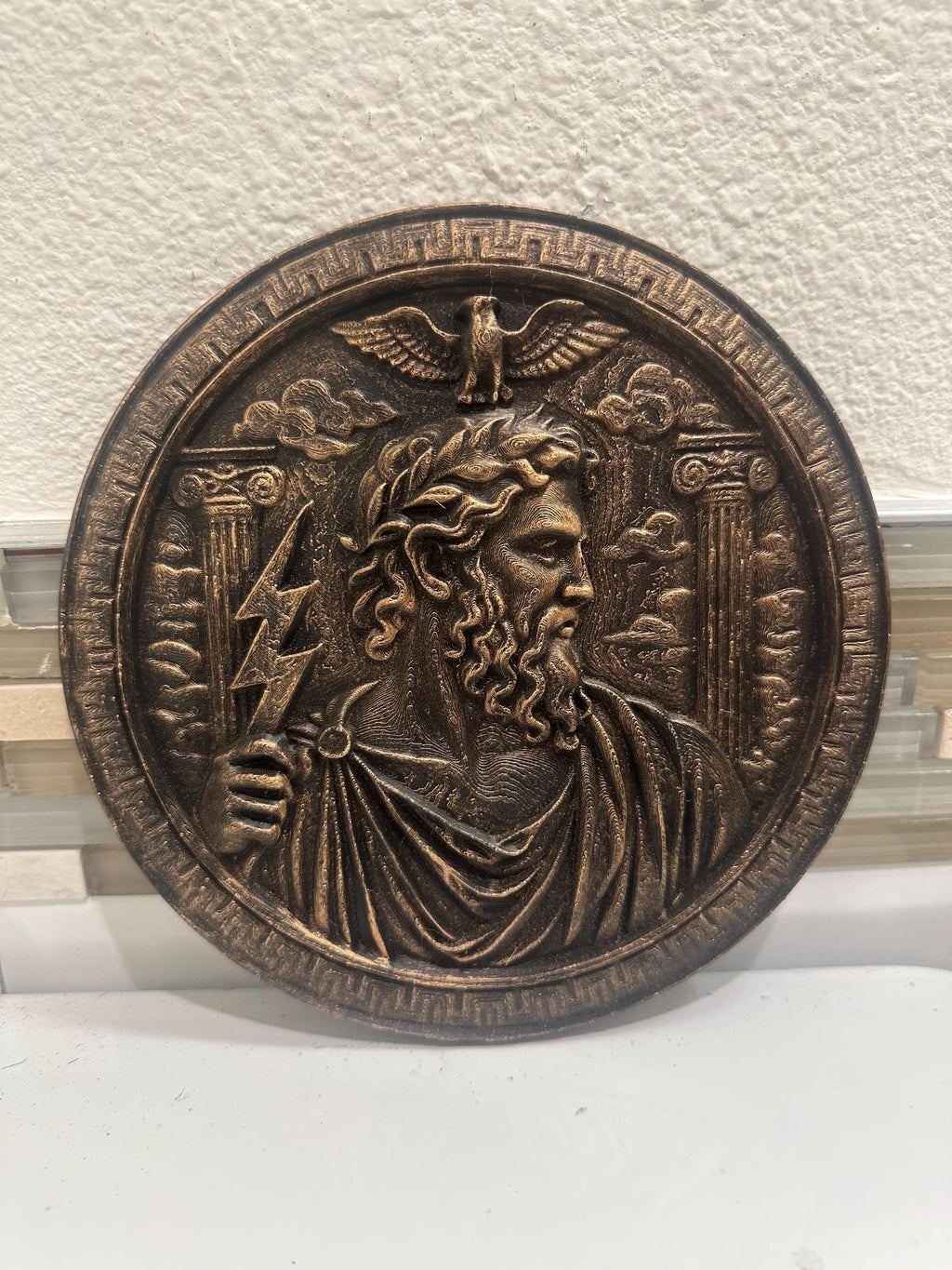 Hand Painted 8” x 8” Zues God Of Thunder Wall Plaque Art Sign 3d Relief Sculpture Home Decor - Greek Mythology