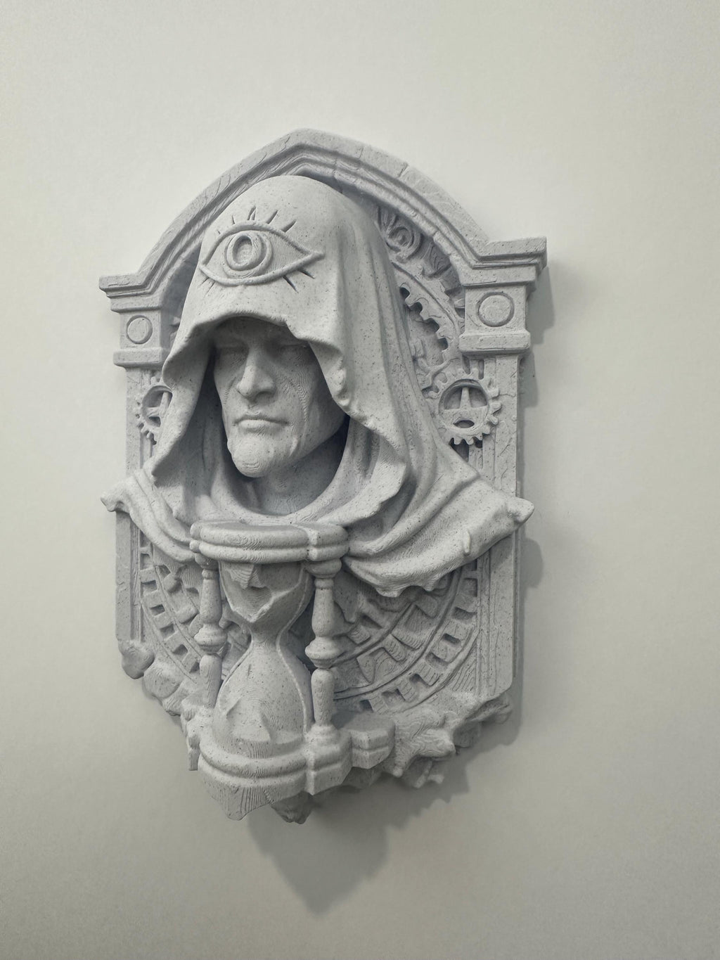 Ancient Watcher of Time Wall Sculpture - Gothic Guardian Relic - Hourglass Wall Art - Fantasy Temple Plaque Decor - Clockwork Art 9x6x2.5