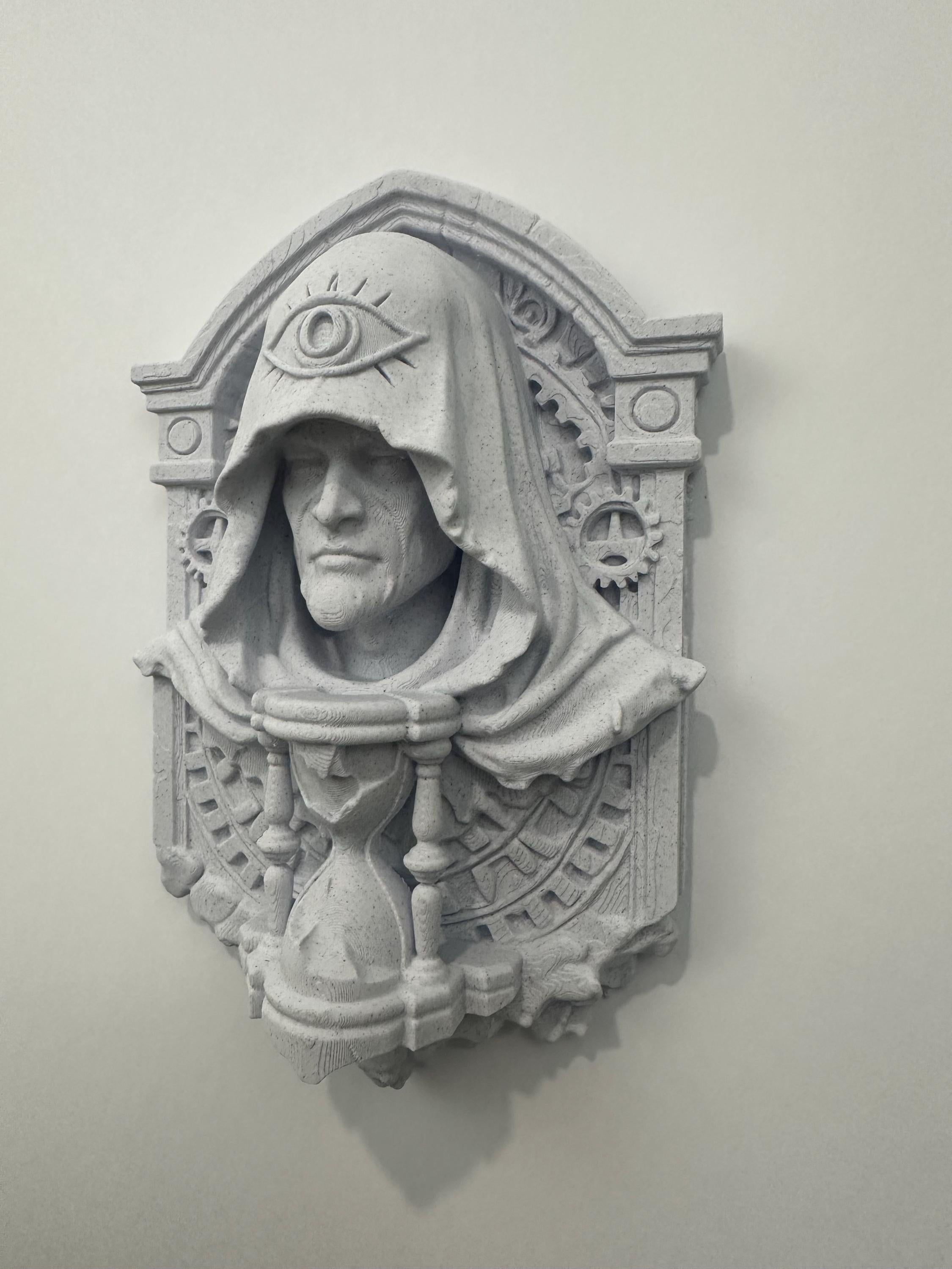 Ancient Watcher of Time Wall Sculpture - Gothic Guardian Relic - Hourglass Wall Art - Fantasy Temple Plaque Decor - Clockwork Art 9x6x2.5