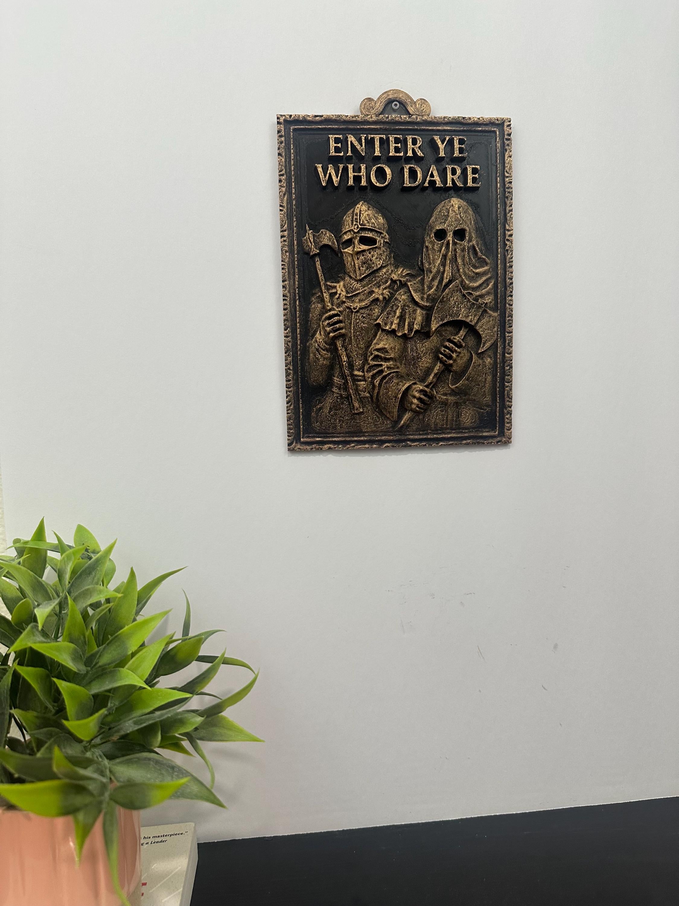 Hand Painted Medieval Bathroom Wall Decor - ENTER YE Who DARE Sign - Funny Gothic Bathroom Art - Man Cave Wall Plaque 10x6 - Executioner