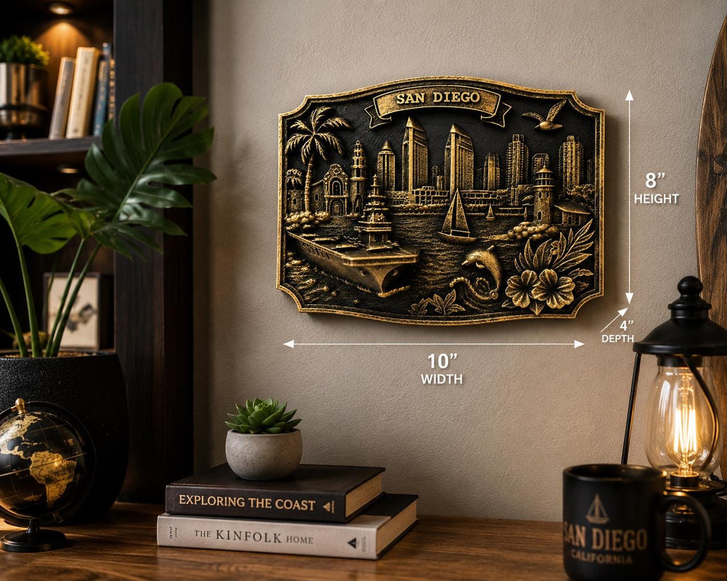 San Diego Skyline Wall Art - Handcrafted Relief Sculpture - Navy Carrier Ship Plaque - California Coastal Decor - Housewarming Gift