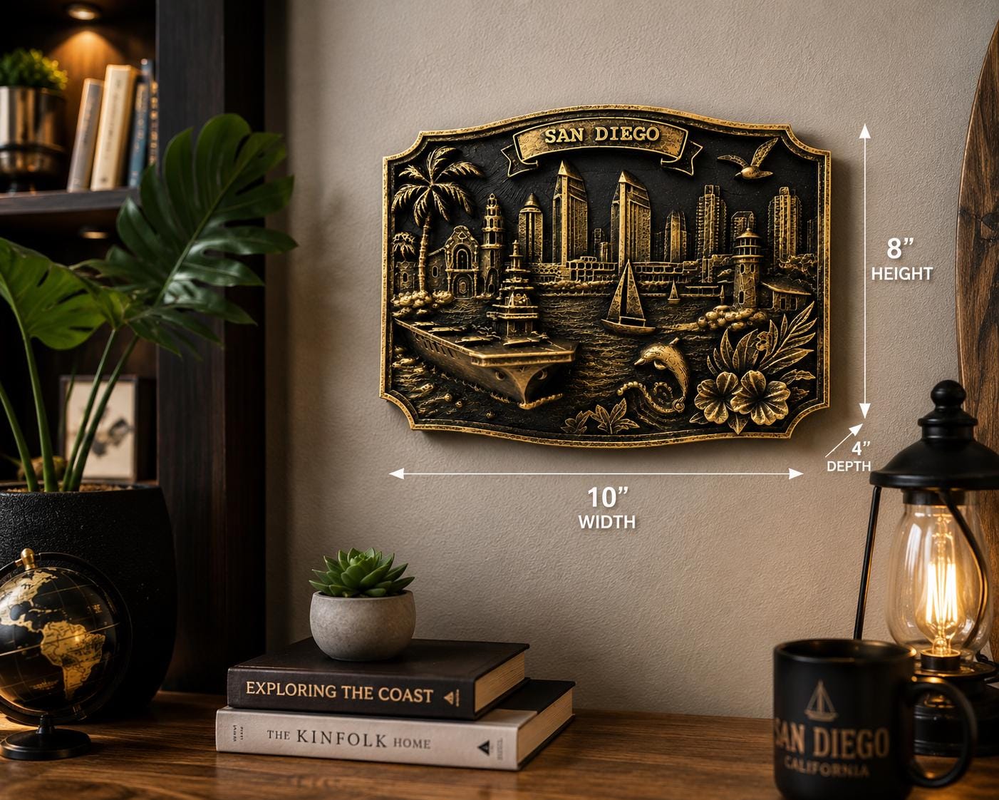 San Diego Skyline Wall Art - Handcrafted Relief Sculpture - Navy Carrier Ship Plaque - California Coastal Decor - Housewarming Gift