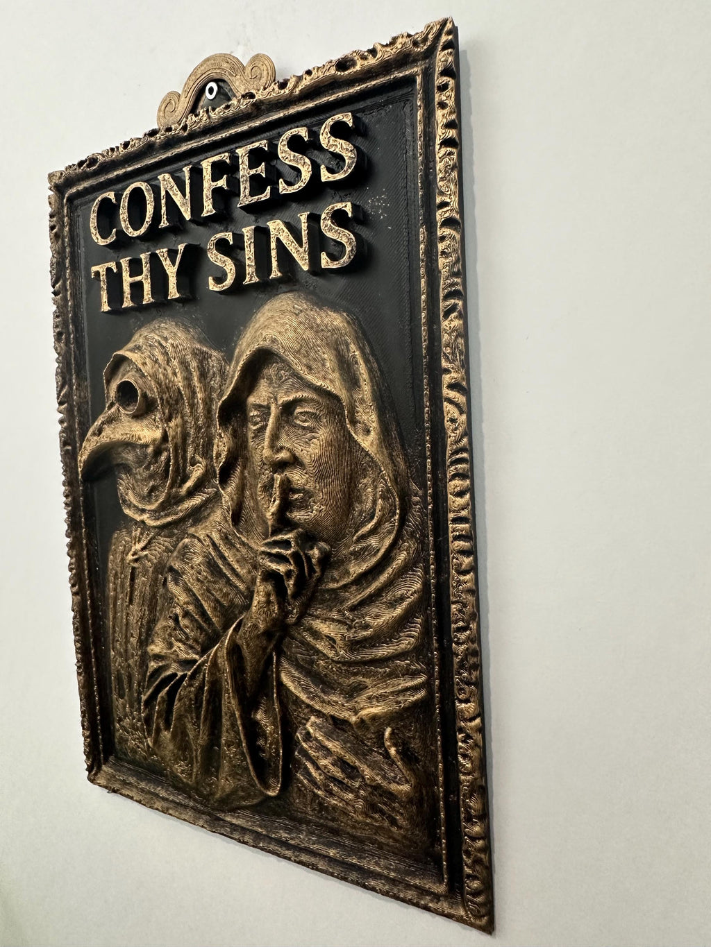 Confess Thy Sins Gothic Wall Art - Medieval Monk & Plague Doctor Decor - Dark Humor Bathroom Wall Sculpture - Whimsigoth 10x6 Hand Painted